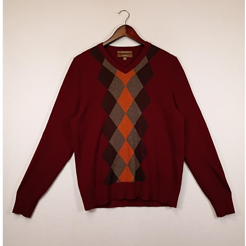 Preppy Merona Mens Medium Burgundy 100% Merino Wool Argyle V-Neck Sweater
